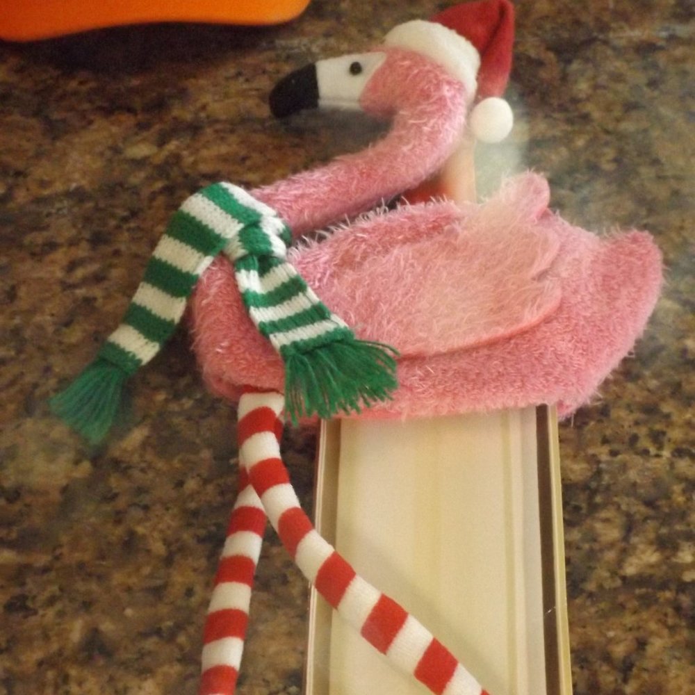 NWOT Santa Pink Flamingo Booze cover with red white stocking legs